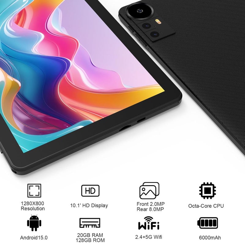 CUPEISI Android 15 Tablet 10 Inch, 20GB RAM+128GB ROM/2TB Expandable, 2.0GHz Quad-core Processor, 1280*800 HD Screen, 5G WiFi6 BT 5.0, 2 in 1 Tablets with Keyboard Case Mouse Stylus, Widevine L1 Black - Image 3